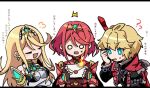  1boy 2girls ahoge bangs bare_shoulders blonde_hair blue_eyes breasts chest_jewel chibi closed_eyes commentary_request crossed_arms dress earrings elbow_gloves gloves headpiece jewelry long_hair long_sleeves monado mugimugis multiple_girls mythra_(massive_melee)_(xenoblade) mythra_(xenoblade) open_mouth pyra_(xenoblade) red_hair short_hair shulk_(xenoblade) simple_background smash_invitation smile super_smash_bros. swept_bangs sword tiara upper_body very_long_hair vest weapon white_dress xenoblade_chronicles xenoblade_chronicles_(series) xenoblade_chronicles_2 yellow_eyes 