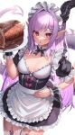  1girl apron black_dress bone boned_meat breasts commentary_request dragon_girl dragon_horns dragon_tail dress food frilled_apron frilled_dress frills garter_straps highres holding holding_plate horns long_hair maid maid_apron maid_headdress meat original plate pointy_ears puffy_short_sleeves puffy_sleeves purple_eyes purple_hair revision short_dress short_sleeves single_horn small_breasts solo suraimu_(suraimuraimu) tail thighhighs very_long_hair waist_apron white_apron white_legwear wrist_cuffs 