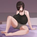  1girl black_eyes black_hair black_tank_top blurry blurry_background breasts brown_shorts choker collarbone commentary gigantic_breasts hair_over_one_eye highres indoors nao_(ritsancrossover) on_bed original pai-chan_(nao) short_hair short_shorts shorts sitting sitting_on_bed solo tank_top 