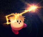  1other black_background black_eyes blush_stickers brown_hair copy_ability energy_weapon glowing holding holding_weapon keyblade kingdom_hearts kirby kirby_(series) nintendo no_humans open_mouth other_focus sora_(kingdom_hearts) sparkle spiked_hair super_smash_bros. suyasuyabi weapon 