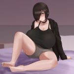  1girl black_eyes black_hair black_hoodie black_tank_top blurry blurry_background breasts brown_shorts choker collarbone commentary gigantic_breasts hair_over_one_eye highres hood hood_down hoodie indoors long_sleeves nao_(ritsancrossover) on_bed open_clothes open_hoodie original pai-chan_(nao) short_hair short_shorts shorts sitting sitting_on_bed solo tank_top 