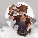  1boy blue_eyes brown_hair fingerless_gloves fire gloves highres ilabarattolo jewelry keyblade kingdom_hearts kingdom_hearts_iii kingdom_key male_focus necklace sayoyonsayoyo short_hair smile solo sora_(kingdom_hearts) spiked_hair super_smash_bros. 