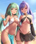  2girls armlet bare_shoulders bikini bikini_top black_bikini black_skirt bracelet breasts cleavage collar commentary_request cowboy_shot criss-cross_halter dancer dark-skinned_female dark_skin day green_eyes green_hair halterneck hand_up haura_(sasaame) highres jewelry long_hair looking_at_viewer low_twintails medium_breasts midriff miniskirt multiple_girls navel necklace open_mouth original outdoors pelvic_curtain ponytail purple_hair red_eyes revealing_clothes sasaame see-through side_slit skirt smile stomach sunlight swimsuit thighs twintails white_bikini 