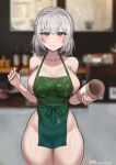  1girl absurdres apron bare_shoulders blurry blush breasts cafe collarbone cup depth_of_field embarrassed exhibitionism green_apron green_eyes highres holding holding_cup holding_pen hololive iced_latte_with_breast_milk_(meme) indoors large_breasts meme naked_apron pen risenegi shiny shiny_skin shirogane_noel sideboob silver_hair solo thighs virtual_youtuber 