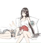  2girls arknights bare_legs blush brown_eyes brown_hair closed_eyes closed_mouth coffee_mug commentary_request cup dated detached_wings doctor_(arknights) dress energy_wings english_text exusiai_(arknights) feet_out_of_frame female_doctor_(arknights) grey_shorts halo holding holding_cup lap_pillow long_hair lying mug multiple_girls on_side pillow red_hair short_hair short_shorts shorts simple_background sitting sleeping sleeveless sleeveless_dress smile stuffed_animal stuffed_bunny stuffed_toy tank_top tianye_toshi very_long_hair white_background white_dress wings yuri 