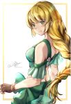  1girl absurdres alternate_costume artist_name bikini blonde_hair braid breasts brown_gloves clear_glass_(mildmild1311) eyebrows_visible_through_hair fingerless_gloves fire_emblem fire_emblem:_three_houses fire_emblem_heroes from_behind gloves green_bikini green_eyes green_swimsuit highres ingrid_brandl_galatea long_hair looking_at_viewer medium_breasts off-shoulder_bikini off_shoulder official_alternate_costume signature smile swimsuit 