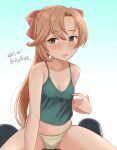  1girl akigumo_(kancolle) ame-san beige_panties breasts brown_hair camisole cleavage commentary_request dated gradient gradient_background green_camisole green_eyes hair_ribbon highres kantai_collection long_hair looking_at_viewer mole mole_under_eye ponytail ribbon sitting small_breasts solo twitter_username wariza 