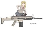  1girl absurdres assault_rifle blonde_hair blue_eyes brown_coat closed_mouth coat d-sawa613 fn_scar fn_scar_17 gloves grey_gloves grey_skirt gun hand_on_hip highres leggings long_hair long_sleeves looking_at_viewer original rifle school_uniform simple_background skirt solo weapon white_background 