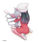  1girl beanie black_hair boots cat coat commentary_request dawn_(pokemon) glameow hat holding holding_pokemon long_hair memi_(gamemix) over-kneehighs pink_footwear pokemon pokemon_(creature) pokemon_(game) pokemon_dppt pokemon_platinum red_coat scarf signature sitting thighhighs white_background white_headwear white_legwear white_scarf 