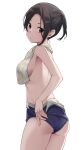  1girl ass blue_swimsuit breasts brown_eyes commentary highres hiroki_(yyqw7151) looking_at_viewer medium_breasts one-piece_swimsuit original short_hair simple_background solo swimsuit towel towel_around_neck white_background 
