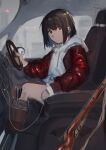  1girl absurdres bangs brown_hair closed_mouth ground_vehicle gun hair_between_eyes highres hood hood_down hooded_jacket jacket konboutarou long_sleeves motor_vehicle original rifle seat short_hair sitting solo steering_wheel vehicle_interior weapon 