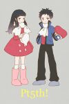  1boy 1girl bangs black_hair black_pants blue_jacket boots buttons closed_mouth coat commentary_request dawn_(pokemon) grey_background grey_eyes grey_footwear hat holding holding_clothes holding_hat jacket long_hair lucas_(pokemon) memi_(gamemix) pants pink_footwear pokemon pokemon_(game) pokemon_dppt pokemon_platinum red_coat scarf shoes short_hair simple_background smile spiked_hair standing white_legwear white_scarf 