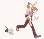  1boy 1girl arm_up boots bow brother_and_sister brown_footwear brown_hair brown_pants carrying closed_eyes commentary_request hair_bow hat jacket long_sleeves lucas_(pokemon) memi_(gamemix) open_clothes open_jacket open_mouth pants piggyback pink_footwear pokemon pokemon_(creature) pokemon_(game) pokemon_dppt pokemon_platinum red_bow red_shirt running scarf shinx shirt shoes short_hair siblings smile spiked_hair teeth upper_teeth white_scarf 