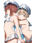  2girls absurdres bangs bikini bikini_skirt blue_eyes blunt_bangs breasts brown_eyes brown_hair clothes_writing food hat highres innertube kantai_collection konboutarou light_brown_hair micro_bikini mouth_hold multiple_girls popsicle sailor_bikini sailor_collar short_hair simple_background small_breasts smile swimsuit white_background white_bikini z1_leberecht_maass_(kancolle) z3_max_schultz_(kancolle) 