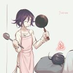  ahoge apron bangs blanket closed_eyes closed_mouth collarbone cowboy_shot danganronpa_(series) danganronpa_v3:_killing_harmony ewa_(seraphhuiyu) flipped_hair frying_pan hair_between_eyes highres holding holding_frying_pan jacket ladle long_sleeves morning ouma_kokichi pillow purple_hair saihara_shuuichi short_hair sleeping smile standing timestamp translated twitter_username 