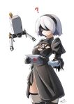  1girl automatic_giraffe black_blindfold black_dress black_hairband black_legwear blindfold clothing_cutout commentary dress gloves hairband long_sleeves mole mole_under_mouth nier_(series) nier_automata pod_(nier_automata) puffy_sleeves short_hair silver_hair simple_background smash_invitation solo super_smash_bros. yorha_no._2_type_b 