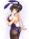  1girl akimoto_dai animal_ears artist_name ass black_hair black_legwear bow bowtie braid braided_bun breasts brown_eyes commentary_request cowboy_shot dated detached_collar from_behind hair_bun highres kantai_collection large_breasts leotard long_hair looking_at_viewer myoukou_(kancolle) one-hour_drawing_challenge pantyhose playboy_bunny purple_leotard rabbit_ears rabbit_tail red_bow red_bowtie solo strapless strapless_leotard tail wrist_cuffs 
