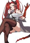  1girl absurdres arknights blue_eyes commentary_request crossed_legs dragon_horns dragon_tail highres horns long_hair oripathy_lesion_(arknights) red_hair shirt smile tail thighhighs thighs toddifons_(arknights) twintails vegetable_osamuta white_background white_shirt 