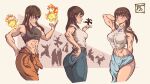  1girl abs absurdres bare_shoulders black_tank_top blue_skirt blush brown_hair denim en&#039;en_no_shouboutai fire fireball firefighter hair_behind_ear hamza_touijri highres long_hair maki_oze muscular muscular_female navel orange_overalls orange_pants overalls pants purple_eyes shirt shirt_tucked_in skirt smile tank_top toned white_background white_shirt 