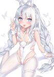  1girl :p absurdres animal_ear_fluff animal_ears arm_up azur_lane blue_eyes blush braid breasts cameltoe commentary_request crotchless crotchless_pantyhose deogho_(liujinzy9854) fake_animal_ears groin highleg highleg_leotard highres korean_commentary le_malin_(azur_lane) le_malin_(listless_lapin)_(azur_lane) leotard long_hair official_alternate_costume pantyhose playboy_bunny rabbit_ears silver_hair simple_background sitting small_breasts smile solo thighs tongue tongue_out twin_braids twintails v very_long_hair white_background white_legwear white_leotard wrist_cuffs 