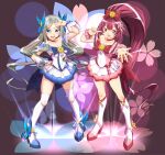  2girls alternate_costume anchor asakaze_(kancolle) blue_background blue_bow blue_choker blue_eyes blue_skirt blush boots bow choker cosplay cure_blossom cure_blossom_(cosplay) cure_marine cure_marine_(cosplay) dated dress eyebrows_visible_through_hair floral_background forehead full_body gift gradient gradient_background hair_bow hair_ornament heartcatch_precure! high_heel_boots high_heels high_ponytail highres kamikaze_(kancolle) kantai_collection kneehighs light_brown_hair long_hair magical_girl moke_ro multiple_girls open_mouth outstretched_arm pink_background pink_choker pink_dress precure purple_bow purple_eyes purple_footwear purple_hair short_sleeves skirt smile thighhighs twitter_username very_long_hair white_dress white_legwear 