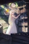  1girl analog_clock aqua_eyes artist_name bangs book book_stack bookshelf clock commentary dated dress highres holding holding_book inaeda_kei long_hair looking_at_viewer original outstretched_arm plant shadow sleeveless sleeveless_dress solo star_(symbol) white_dress white_hair 
