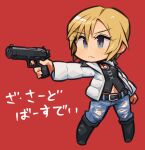  1girl aya_brea belt blonde_hair blue_eyes chibi closed_mouth commentary denim full_body gun handgun ibara. jeans pants parasite_eve parasite_eve_the_3rd_birthday pistol short_hair simple_background solo torn_clothes weapon 