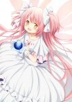  1girl :d aoki_ume_(style) ball blush bow choker circle_skirt collarbone commentary_request dress earth_(planet) eyebrows_visible_through_hair floating_hair frilled_dress frills gem gloves hair_bow hair_ribbon kaname_madoka long_hair looking_at_viewer looking_to_the_side mahou_shoujo_madoka_magica open_mouth pink_hair planet pleated_dress ribbon rikopin smile solo space tareme transparent_wings ultimate_madoka upper_body very_long_hair white_background white_choker white_dress white_gloves wings yellow_eyes 