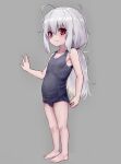  1girl adjusting_clothes adjusting_swimsuit ahoge barefoot blue_swimsuit breasts cameltoe covered_navel eha7y feet full_body grey_background highres long_hair messy_hair one-piece_swimsuit original ponytail red_eyes school_swimsuit silver_hair simple_background small_breasts solo swimsuit toes wasabi-chan_(eha7y) 