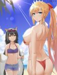  2girls absurdly_long_hair absurdres ahoge animal_ears ass bad_id bad_pixiv_id bangs bare_back bare_shoulders beach bikini black_hair blue_eyes blue_sky blurry breast_envy breasts butt_crack cat_ears cat_tail cloud cloudy_sky collarbone commentary crushing cup denim denim_shorts depth_of_field disposable_cup drinking_straw empty_eyes eyebrows_visible_through_hair green_eyes hair_between_eyes hair_ornament hairclip highres horizon karyl_(princess_connect!) large_breasts larger_bmx lifebuoy long_hair looking_at_viewer low_twintails midriff multicolored_hair multiple_girls navel ocean orange_hair parted_lips pecorine_(princess_connect!) ponytail princess_connect! red_bikini short_shorts shorts sideboob sidelocks sky spaghetti_strap stomach streaked_hair sunlight swimsuit symbol-only_commentary tail tiara twintails two-tone_hair very_long_hair 