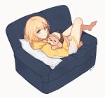  1girl bangs barefoot blonde_hair blue_eyes bubba_(watson_amelia) couch hair_ornament highres holding hololive hololive_english hug looking_at_viewer lying monocle_hair_ornament orinte pillow short_hair smile solo virtual_youtuber watson_amelia 