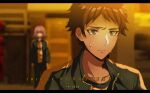  1boy 1girl bangs black_jacket blurry blurry_background brown_hair closed_mouth collarbone criis-chan crossover danganronpa_(series) danganronpa_2:_goodbye_despair english_commentary flipped_hair hinata_hajime jacket letterboxed looking_at_another male_focus medium_hair nanami_chiaki portrait shiny shiny_hair shirt short_hair soldier_(squid_game) squid_game sweat twitter_username white_jacket 
