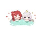  2girls :d absurdres bangs blue_eyes blush breasts closed_eyes closed_mouth forehead highres hn_(honyori_ta) honkai_(series) honkai_impact_3rd leaf long_hair maple_leaf mole mole_on_breast multiple_girls murata_himeko onsen open_mouth petals red_hair rubber_duck side_ponytail simple_background smile theresa_apocalypse water white_background white_hair 