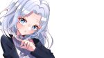  1girl :o absurdres bangs black_jacket blue_eyes blush collared_shirt commentary_request commission frilled_shirt frills grey_shirt highres indie_virtual_youtuber jacket looking_at_viewer otomi_shia papa-kun_(destiny549-2) parted_bangs pointing_to_the_side shirt silver_hair skeb_commission sleeveless sleeveless_shirt virtual_youtuber 