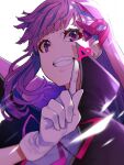  1girl bb_(fate) bb_(fate/extra) coat fate/extra fate/extra_ccc fate_(series) gloves grin hair_ribbon high_collar highres index_finger_raised long_hair looking_at_viewer mikan_(chipstar182) neck_ribbon open_clothes open_coat purple_hair ribbon simple_background smile solo upper_body white_background white_gloves 