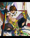 1boy abs black_pants brown_hair cape commentary ebanoniwa english_commentary fate/prototype fate/prototype:_fragments_of_blue_and_silver fate_(series) grin hair_between_eyes highres holding holding_staff letterboxed looking_at_viewer male_focus navel one_eye_closed ozymandias_(fate) pants sandals sitting smile solo staff white_cape yellow_eyes 