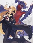  1girl bangs black_coat black_footwear black_pants black_shirt blonde_hair breasts cleavage coat commentary_request cynthia_(pokemon) fur-trimmed_coat fur_collar fur_trim garchomp hair_ornament hair_over_one_eye hashibiro_kou_(garapiko_p) high_heels holding holding_poke_ball long_hair long_sleeves pants parted_lips partial_commentary poke_ball poke_ball_(basic) pokemon pokemon_(creature) pokemon_(game) pokemon_dppt shirt 