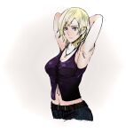  1girl armpits arms_behind_head arms_up aya_brea belt blonde_hair blue_eyes breasts closed_mouth commentary denim highres innospirit jeans jewelry navel necklace pants parasite_eve parasite_eve_the_3rd_birthday short_hair simple_background solo white_background 