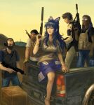  1girl 4boys amibazh anklet assault_rifle bangle barefoot blue_bow blue_eyes blue_hair blue_skirt bow box bracelet bulletproof_vest cactus chinese_commentary commentary covered_mouth damaged dark-skinned_male dark_skin day denim desert faux_traditional_media fine_art_parody glasses grey_hoodie ground_vehicle gun hair_bow heavy_machine_gun hood hoodie jeans jewelry long_hair machine_gun motor_vehicle multiple_boys ofuda ofuda_on_clothes outdoors pants parody rifle sand short_hair simple_background skirt sunglasses touhou truck weapon white_background wooden_box yellow_sky yorigami_shion 