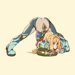  1girl armor ass bangs blonde_hair blue_eyes blush eyebrows_visible_through_hair flexible full_body hands_on_ground highres jack-o&#039;_challenge long_hair looking_at_viewer meme metroid metroid_dread oxcoxa power_armor power_suit samus_aran simple_background solo spread_legs top-down_bottom-up white_background wide_spread_legs 