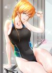  1girl absurdres black_swimsuit blue_eyes blush breasts cleavage collarbone commentary_request competition_swimsuit covered_navel goggles goggles_removed highres large_breasts leonis_g long_hair looking_at_viewer lyrical_nanoha mahou_shoujo_lyrical_nanoha_strikers one-piece_swimsuit one_eye_closed open_mouth orange_hair shiny shiny_hair sitting smile solo swimsuit teana_lanster 