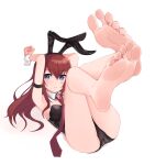  1girl alternate_costume animal_ears ass bangs barefoot black_leotard blue_eyes blush breasts brown_hair commentary_request detached_collar eyebrows_visible_through_hair fake_animal_ears feet foot_focus foreshortening full_body hair_between_eyes highres kahlua_(artist) legs legs_up leotard long_hair looking_at_viewer lying makise_kurisu medium_breasts necktie on_back playboy_bunny rabbit_ears rabbit_tail red_necktie soles solo steins;gate strapless strapless_leotard tail toes white_background wrist_cuffs 