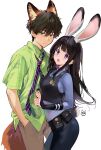  1boy 1girl :o animal_ears artist_logo bangs black_hair black_pants blue_shirt blush brown_pants chitanda_eru collared_shirt cosplay couple dress_shirt extra_ears eyebrows_visible_through_hair fox_ears fox_tail green_eyes hand_in_pocket highres hyouka judy_hopps judy_hopps_(cosplay) long_hair long_sleeves looking_at_viewer mery_(yangmalgage) necktie nick_wilde nick_wilde_(cosplay) open_mouth oreki_houtarou pants police police_uniform policewoman pouch purple_eyes rabbit_ears rabbit_tail shirt short_hair simple_background striped striped_necktie tail teeth uniform upper_teeth white_background zootopia 