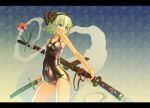  1girl bare_shoulders black_swimsuit blue_eyes breasts cameltoe commentary_request covered_nipples dual_wielding duplicate flower ghost hitodama holding konpaku_youmu konpaku_youmu_(ghost) one-piece_swimsuit sakuya_tsuitachi school_swimsuit sheath sheathed short_hair silver_hair small_breasts solo swimsuit sword touhou weapon wet 