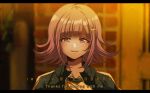  1girl bangs black_jacket blunt_bangs blurry blurry_background commentary criis-chan crossover danganronpa_(series) danganronpa_2:_goodbye_despair english_text eyebrows_visible_through_hair flipped_hair galaga hair_ornament hairclip jacket letterboxed light_brown_hair looking_at_viewer medium_hair nanami_chiaki open_mouth outdoors portrait shirt smile solo spaceship_hair_ornament squid_game subtitled teeth twitter_username upper_teeth white_shirt 