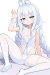  +_+ 1girl animal_ear_fluff animal_ears arm_up azur_lane bangs banned_artist bare_shoulders blue_eyes braid choker closed_mouth commentary_request cp00 eyebrows_visible_through_hair fake_animal_ears grey_hairband hairband highres le_malin_(azur_lane) le_malin_(listless_lapin)_(azur_lane) leotard looking_at_viewer low_twintails no_shoes o-ring o-ring_choker official_alternate_costume rabbit_ears silver_hair soles solo twin_braids twintails white_background white_choker white_leotard wrist_cuffs 