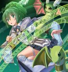  1girl absurdres brown_robe commentary_request dragon duel_monster green_eyes green_hair green_ribbon highres kakutasu_(akihiron_cactus) long_hair looking_at_viewer petit_dragon ponytail ribbon skirt solo staff wynn yu-gi-oh! yu-gi-oh!_duel_monsters 