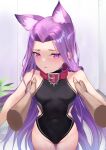  1boy 1girl animal_ear_fluff animal_ears bare_shoulders black_leotard blush breasts buckle collar covered_navel cowboy_shot disembodied_limb extra_ears fate/grand_order fate_(series) forehead groin highres indoors kemonomimi_mode leotard long_hair looking_at_viewer medusa_(fate) medusa_(lancer)_(fate) open_clothes pov purple_eyes purple_hair rui_rubellent small_breasts solo_focus straight_hair sweat very_long_hair 