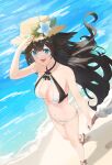  2girls :d bare_legs beach bikini black_hair blue_eyes blush breasts cleavage commentary criss-cross_halter dappled_sunlight day eyebrows_visible_through_hair fang fishofthelakes floating_hair flower from_above full_body granblue_fantasy halluel_(granblue_fantasy) halterneck hat hat_flower highres holding_hands long_hair looking_at_viewer malluel_(granblue_fantasy) medium_breasts multiple_girls navel open_mouth out_of_frame outdoors sandals shading_eyes shadow smile solo_focus stomach straw_hat sunlight swimsuit thighs walking white_bikini 