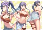  1girl ;d ass bare_arms bare_shoulders bikini blue_eyes blue_hair blue_sarong blush breasts brown_bikini cleavage closed_mouth collarbone commentary_request earrings eyebrows_visible_through_hair floral_background floral_print flower from_behind gotland_(kancolle) hair_between_eyes hair_flower hair_ornament hand_on_hip jewelry kantai_collection long_hair looking_at_viewer medium_breasts mole mole_under_eye multiple_views navel necklace one_eye_closed open_mouth ponytail purple_flower revision sarong smile sparkle swimsuit tantaka thigh_strap twitter_username 